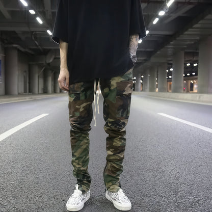 Drawstring Slim Fit Cargo Pants, Camo Casual Pants