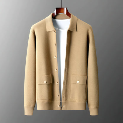Men's Polo Collar Solid Color Wool Cardigan