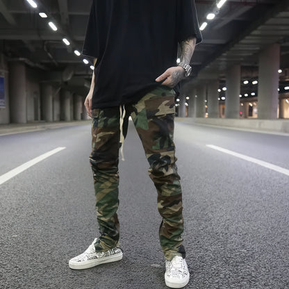 Drawstring Slim Fit Cargo Pants, Camo Casual Pants